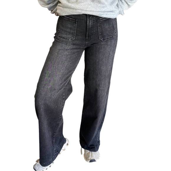 NEW JUST BLACK DENIM mini patch pocket flare jeans in black - Picture 1 of 4